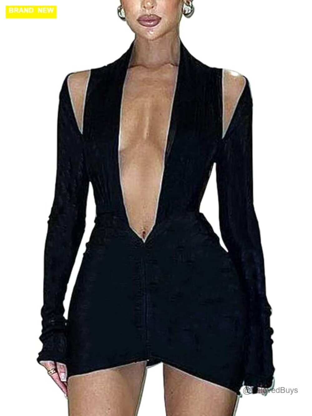Deep V Neck Backless Cut Out Bodycon Ruched Mini Club Dress Long Sleeve